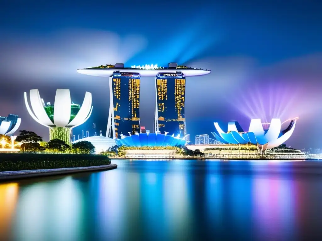 Espectacular panorámica nocturna de Singapur en 8k Vista nocturna de Singapur con Marina Bay Sands y Supertree Grove iluminados