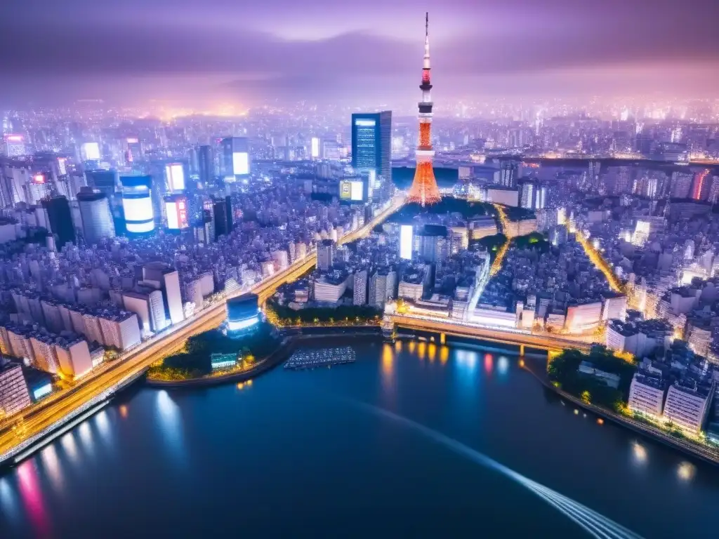 Inversión inmobiliaria en Tokio: luces nocturnas y modernidad Vista nocturna impresionante de Tokio con el Tokyo Skytree iluminado y rascacielos futuristas, reflejados en el río Sumida