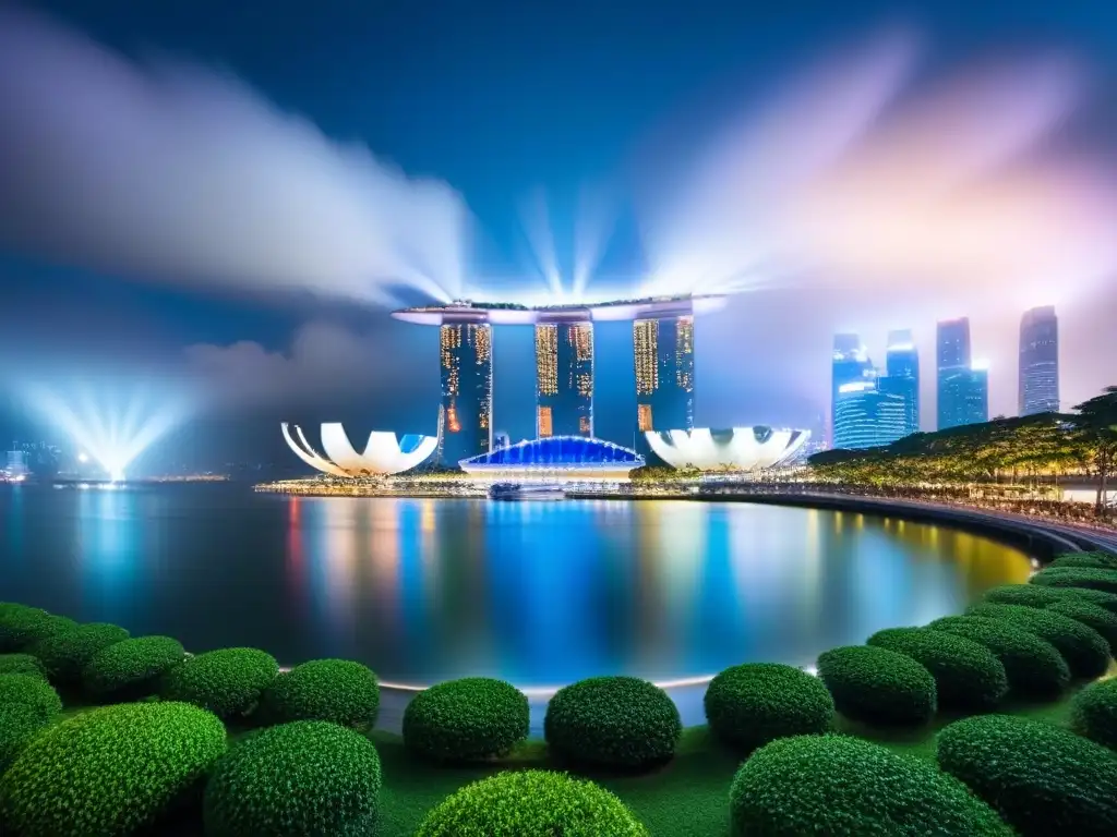 Esplendor nocturno: lujo en Singapur Vista nocturna de Singapur con luces brillantes en edificios de lujo, destacando Marina Bay Sands y Gardens by the Bay