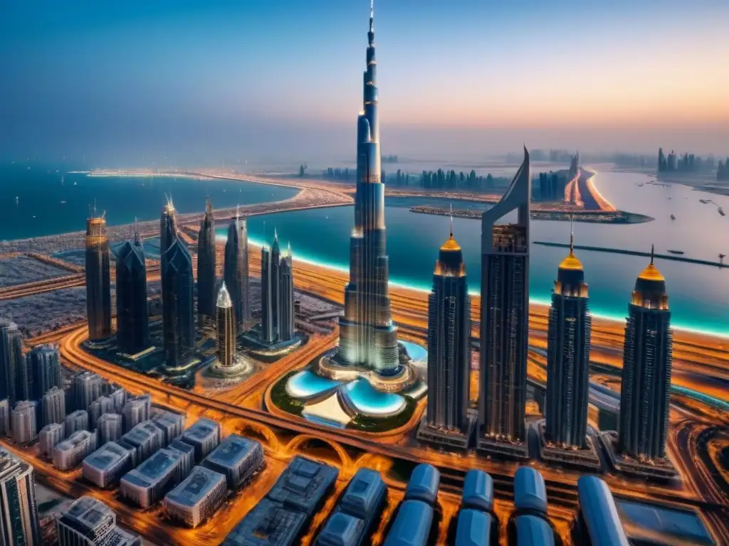 Skyline de Dubai al anochecer: lujo y opulencia en 8k Vista nocturna de lujo en Dubai con el Burj Khalifa, destello de propiedades de lujo en Medio Oriente