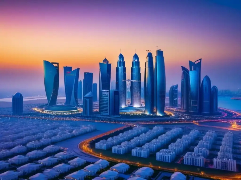 Horizonte futurista de Doha, Qatar: lujo y modernidad al atardecer Vista nocturna de lujo en Doha, Qatar con torres y rascacielos futuristas
