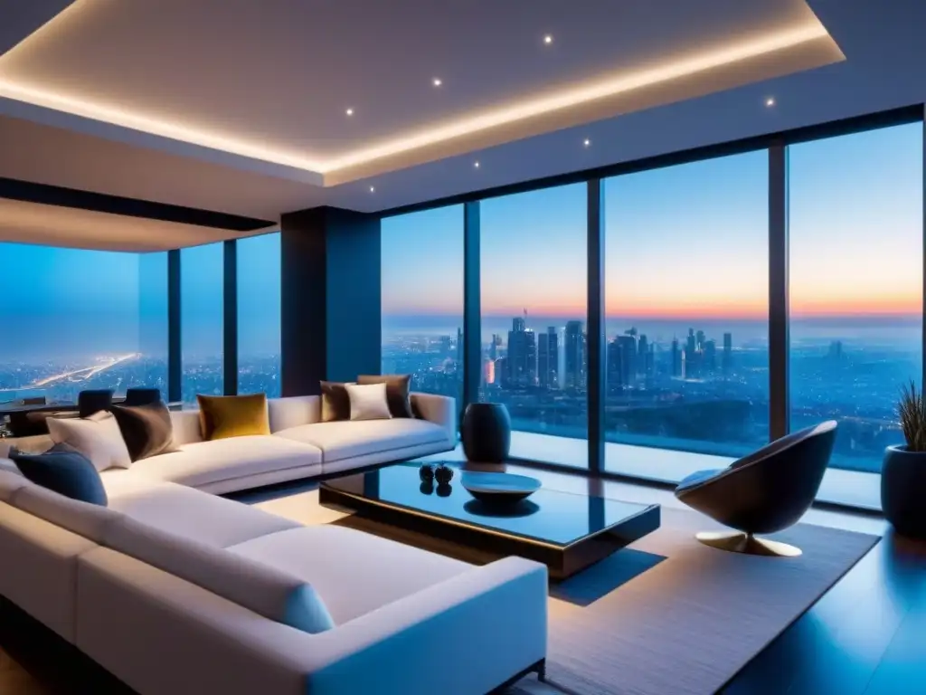 Residencia de lujo con tecnología de vanguardia en sala panorámica Vista nocturna de una lujosa casa inteligente con tecnología de vanguardia, fusionando lujo y tecnología en propiedades de lujo