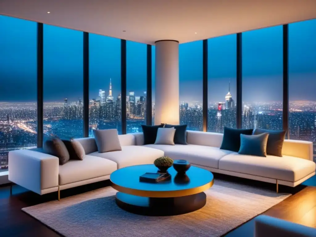 Salón de lujo con vistas nocturnas a la ciudad desde ventanales Vista nocturna de una lujosa sala de estar moderna con ventanales de piso a techo que muestran el impresionante horizonte de la ciudad