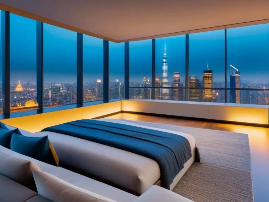 Exclusivo penthouse con vista nocturna de la ciudad Vista nocturna de lujoso ático con diseño contemporáneo, muebles elegantes y vista panorámica de la ciudad