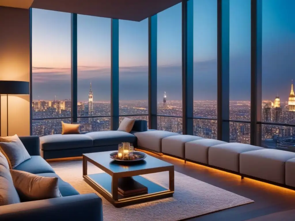 Penthouse de lujo en la ciudad: sofisticación y opulencia nocturna Vista nocturna de un lujoso ático moderno con panorámica urbana, destacando sofisticación y opulencia en tasas de interés financiar propiedades lujo