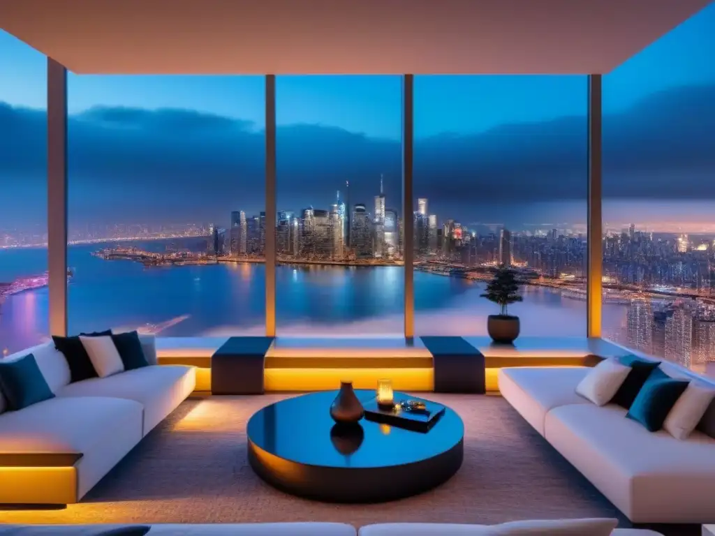 Penthouse de lujo con smart home en ciudad nocturna Vista nocturna de lujoso ático con tecnología smart home y contratos inteligentes en mercado inmobiliario internacional