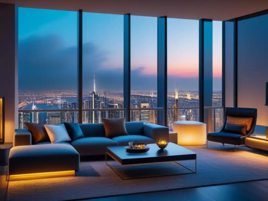 Penthouse de lujo en la ciudad de noche Vista nocturna de lujoso ático moderno con diseño interior elegante y ciudad iluminada