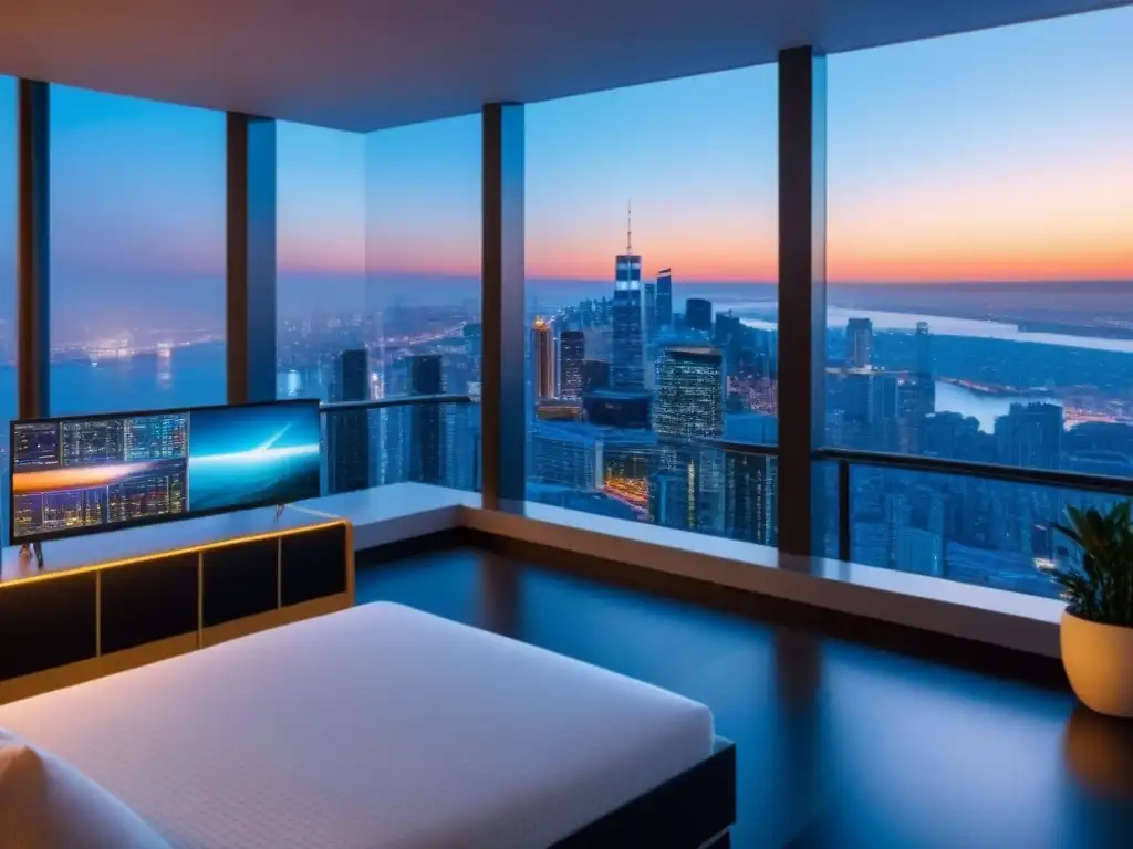 Penthouse de lujo con vista futurista y estación de criptomonedas Vista nocturna desde lujoso ático moderno con decoración de alta tecnología, ventanas de piso a techo y estación de inversión en criptomonedas