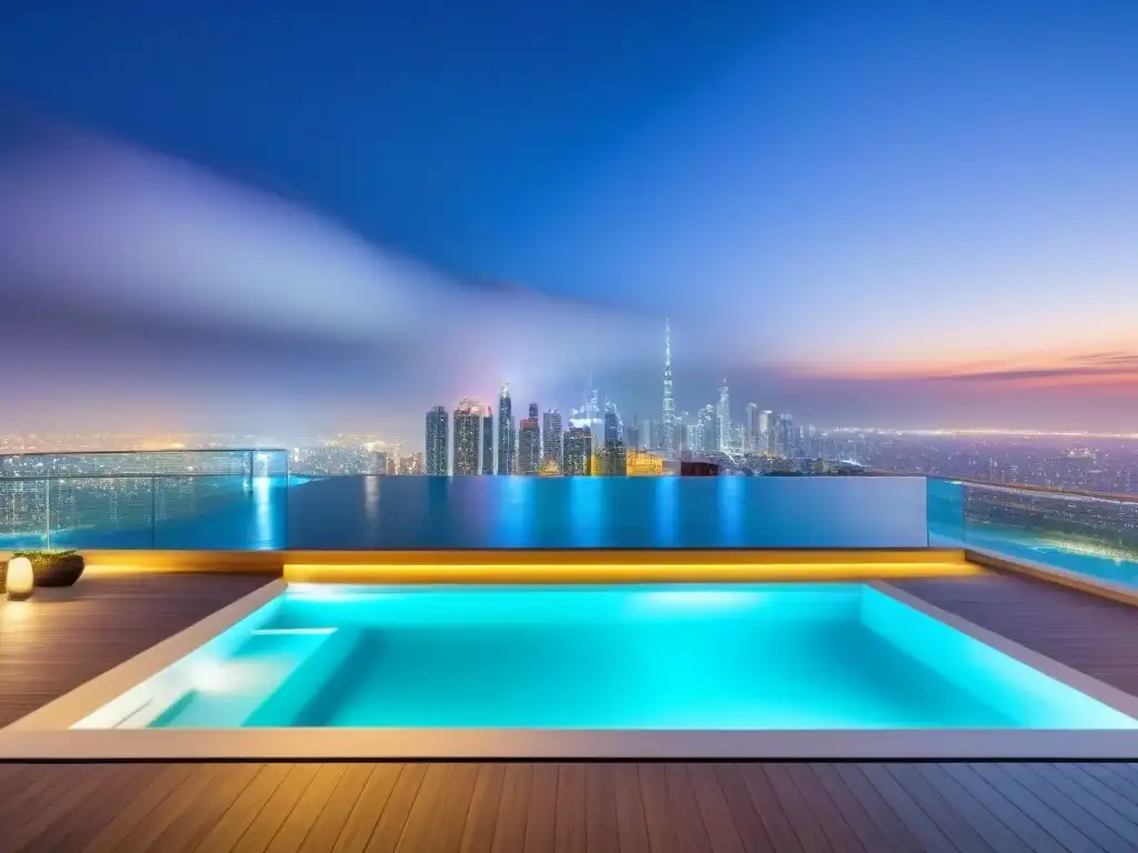 Penthouse de lujo con piscina privada y vista nocturna de la ciudad Vista nocturna de lujoso ático con piscina privada y diseño contemporáneo