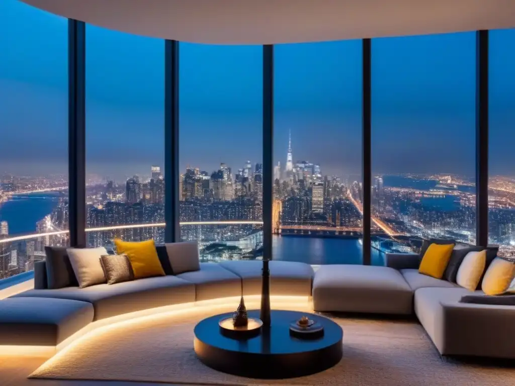 Penthouse de lujo con vista nocturna de la ciudad Vista nocturna de lujoso ático moderno con ventanales panorámicos y diseño exclusivo