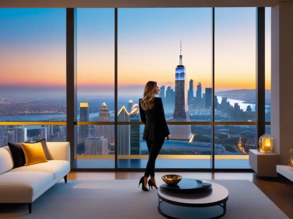 Condominio de lujo con vistas panorámicas al atardecer en la ciudad Vista nocturna de un lujoso edificio de condominios con ventanales y la ciudad iluminada abajo