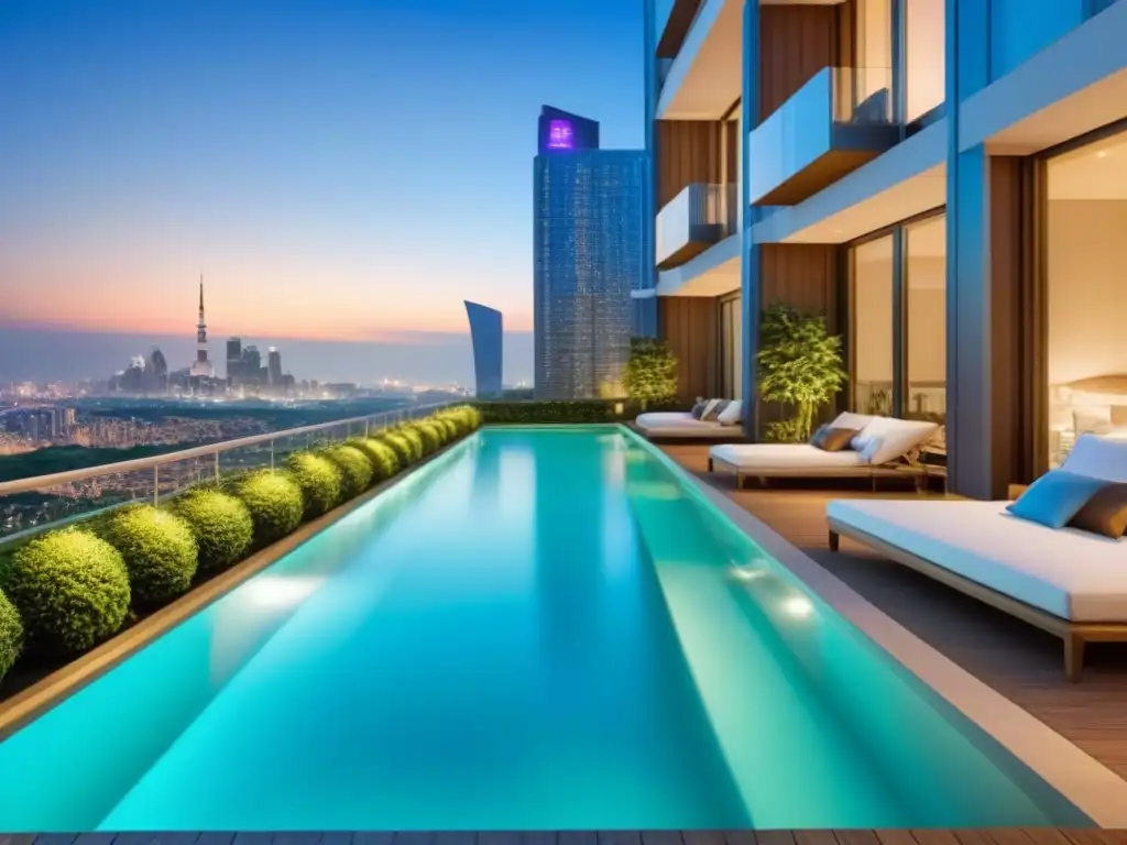 Edificio de lujo con vista nocturna de la ciudad y piscina en la azotea Vista nocturna de lujoso edificio de apartamentos con decoración elegante y piscina en la azotea bajo la luna