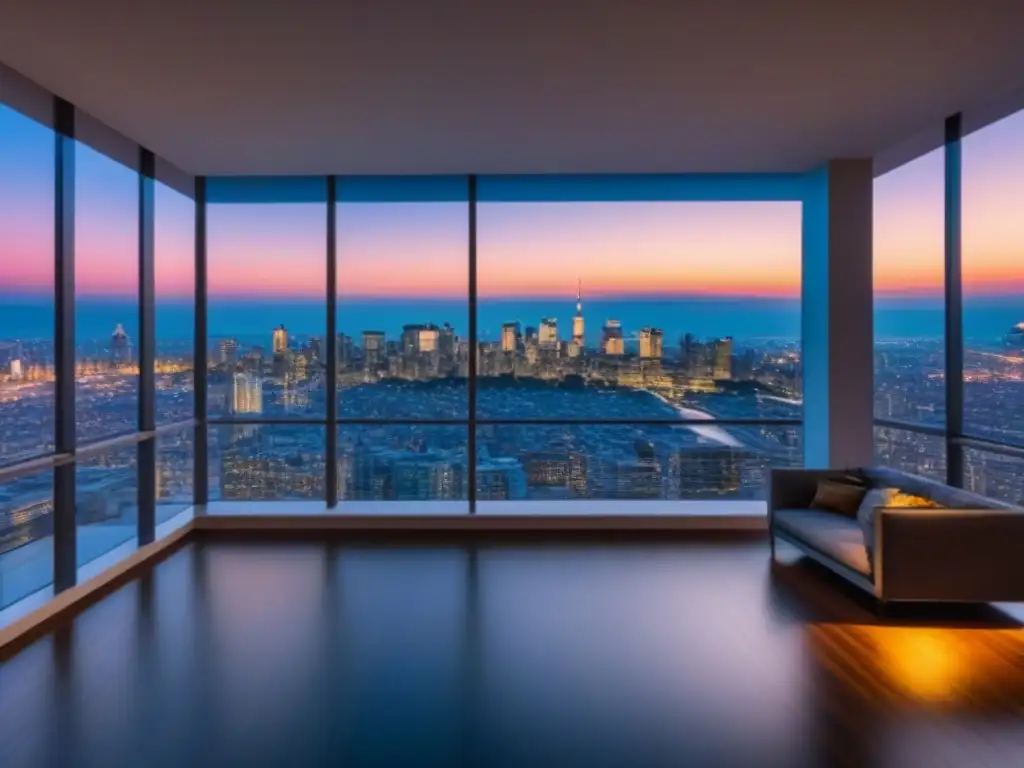 Inversión inmobiliaria de lujo en ciudad internacional al anochecer Vista nocturna de lujoso edificio residencial con ventanales y ciudad iluminada