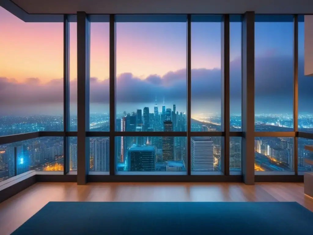 Edificio de apartamentos de lujo con vistas nocturnas a la ciudad Vista nocturna de lujoso edificio de apartamentos con ventanales y ciudad reflejada, ideal para impuestos sobre propiedad internacional