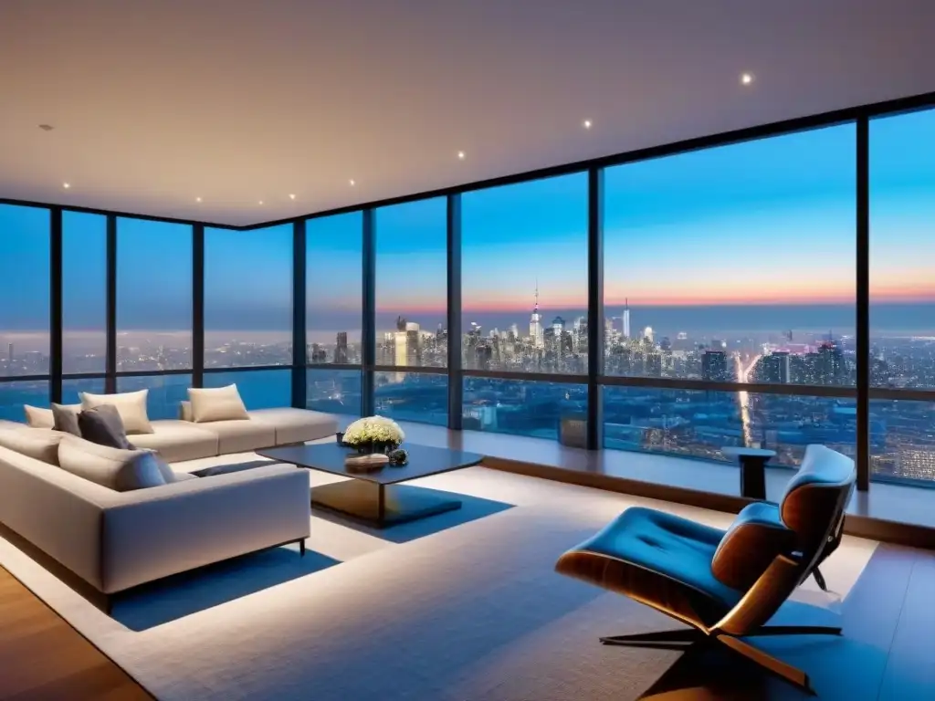 Penthouse de lujo con diseño moderno y automatización avanzada Vista nocturna de lujoso penthouse con diseño moderno y automatización en mercado inmobiliario internacional