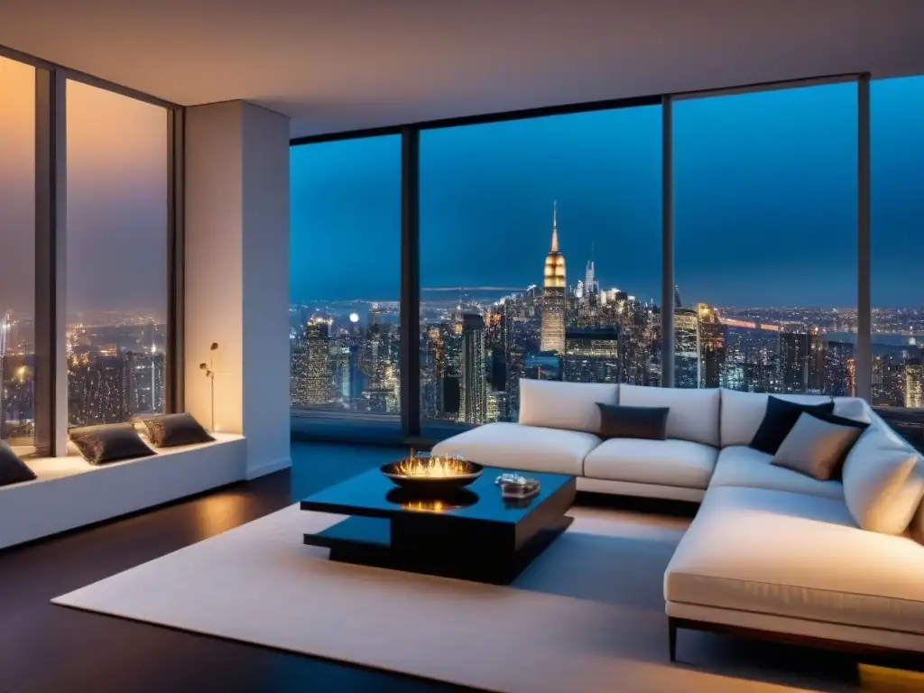 Penthouse de lujo con vista nocturna a la ciudad en 8k Vista nocturna de un lujoso penthouse moderno con mobiliario contemporáneo y vistas a una ciudad iluminada