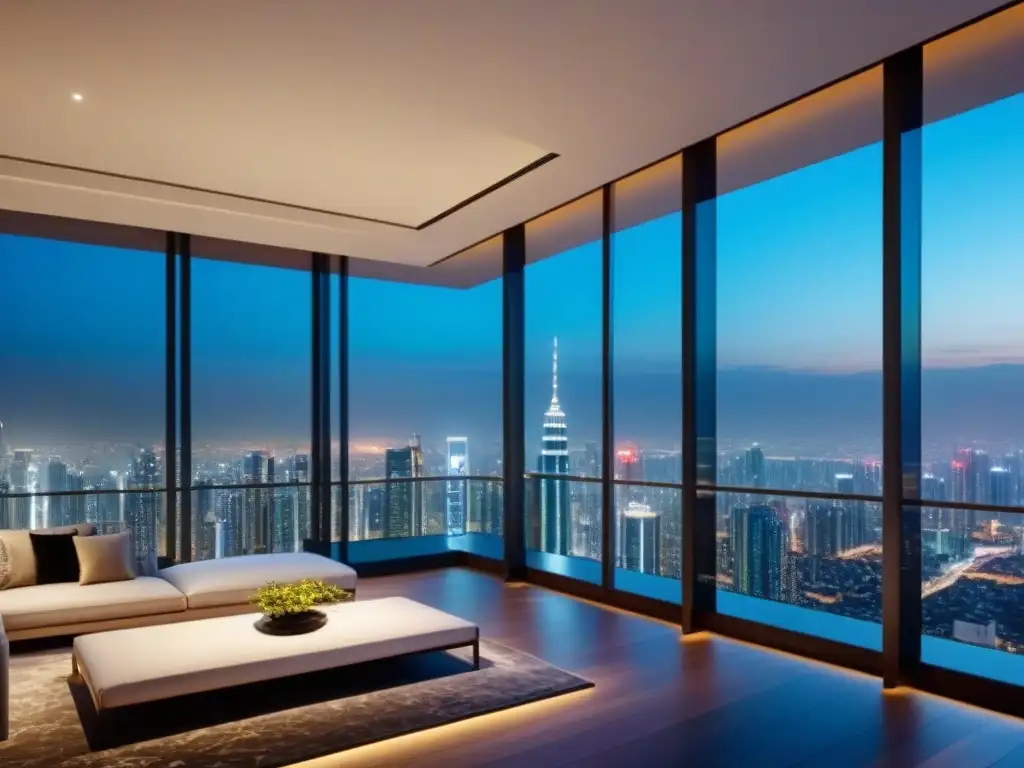 Propiedad de lujo en ciudad asiática: arquitectura moderna y elegante Vista nocturna de lujoso rascacielos en una bulliciosa ciudad asiática