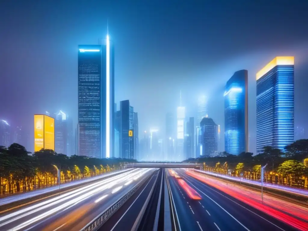 Metrópolis futurista: inversión inmobiliaria digital Vista nocturna de una metrópolis futurista con rascacielos iluminados y anuncios digitales, destacando datos inmobiliarios