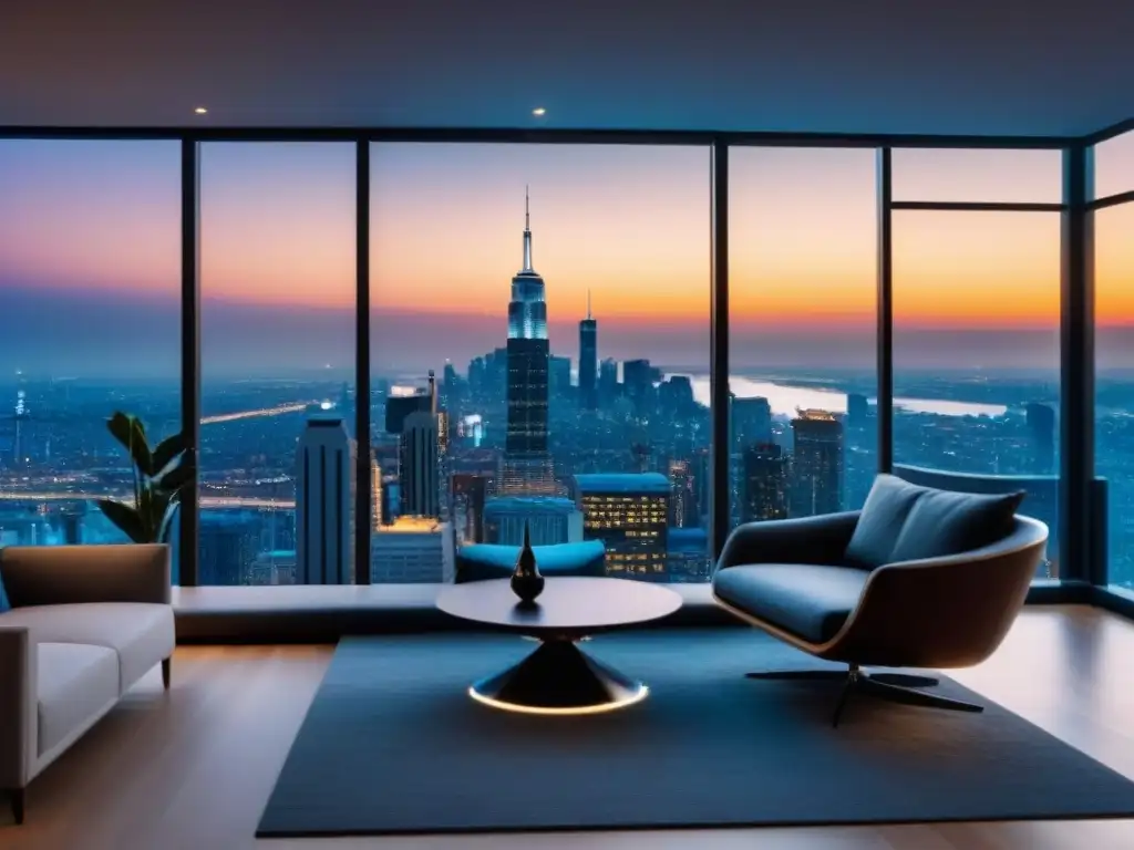 Penthouse de lujo con vista panorámica nocturna en 8k Vista nocturna de penthouse moderno de lujo con ventanales, decoración elegante y vista a la ciudad