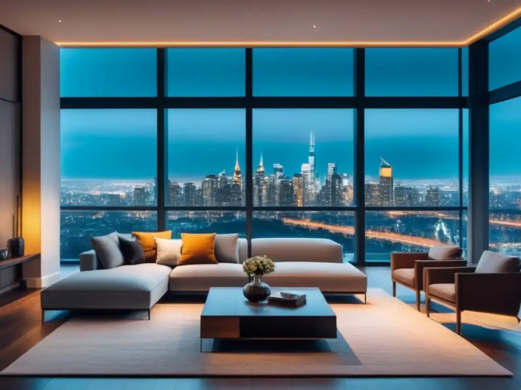 Penthouse de lujo con vista nocturna de la ciudad y tecnología eco Vista nocturna de penthouse moderno con eficiencia energética en el mercado inmobiliario internacional