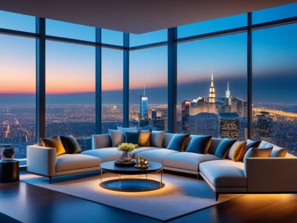 Penthouse de lujo con vistas nocturnas a la ciudad en 8k Vista nocturna de penthouse moderno con vista a la ciudad, mobiliario elegante y arte contemporáneo