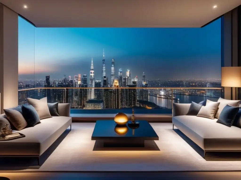 Residencia de lujo moderna con vista a la ciudad Vista nocturna de propiedad de lujo con vista a la ciudad, muebles contemporáneos y ambiente cálido