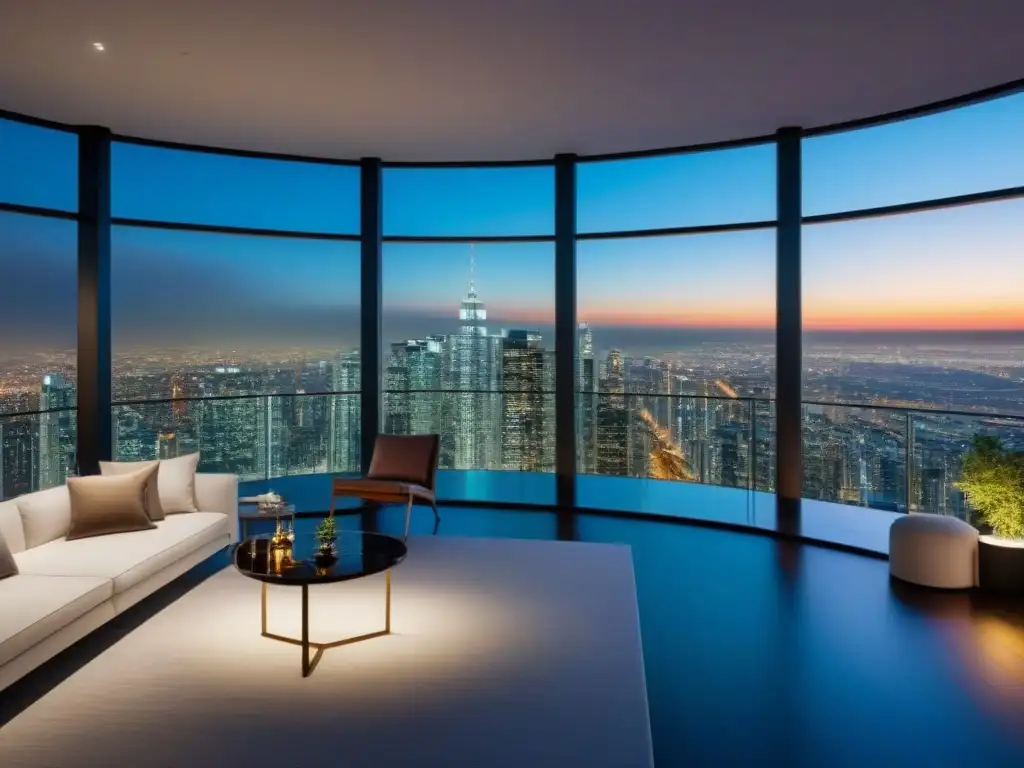 Vista nocturna de propiedad de lujo moderna con vista a la ciudad