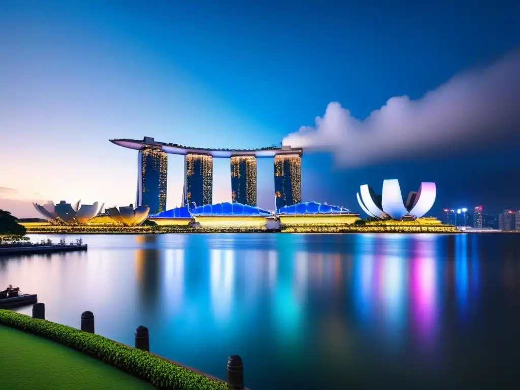 Esplendor nocturno: Skyline lujoso de Singapur en 8k Vista nocturna de Singapur con propiedades de lujo en megaciudades asiáticas