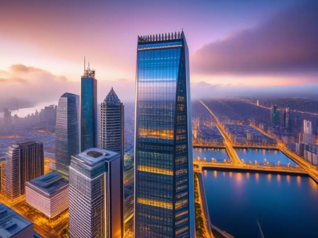 Rascacielos moderno en 8k: símbolo de confianza y crecimiento financiero Vista nocturna de un rascacielos moderno reflejando la ciudad