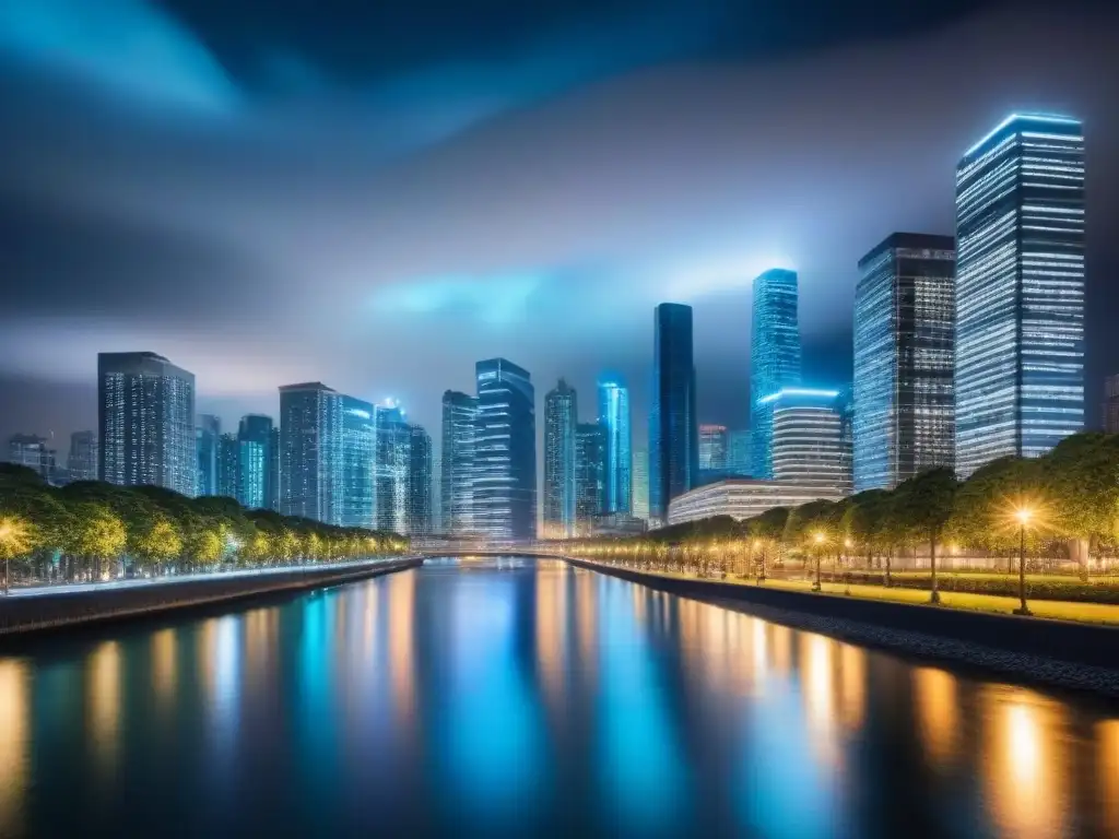 Metrópolis nocturna: skyline moderno en 8k Vista nocturna de metrópolis: rascacielos modernos iluminados junto a un río, reflejando luces de la ciudad