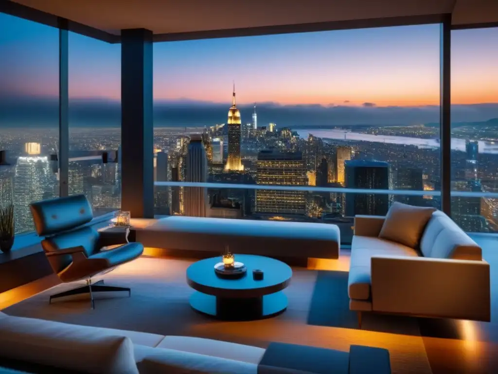 Salón moderno de lujo con vistas panorámicas nocturnas Vista nocturna de sala de lujo con ventanales piso-techo y elegante mobiliario contemporáneo