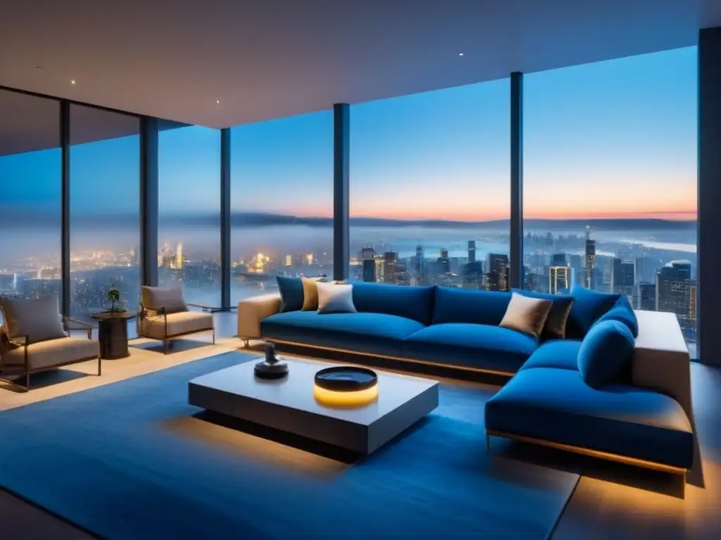 Suntuoso salón urbano con ventanales y decoración de lujo Vista nocturna de sala de estar lujosa con ventanales y decoración elegante, en armonía con la ciudad