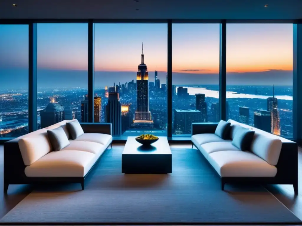 Salón de lujo con vistas nocturnas a la ciudad Vista nocturna de sala de estar moderna con ventanales y ciudad de fondo, para marketing visual inmobiliario internacional