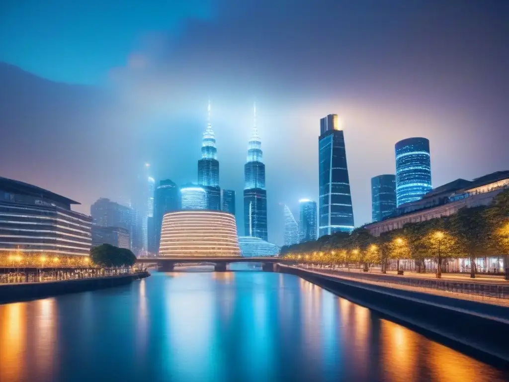 Horizonte urbano moderno al anochecer: inversión residencial global Vista nocturna de un skyline moderno y elegante, con luces de la ciudad reflejadas en un río