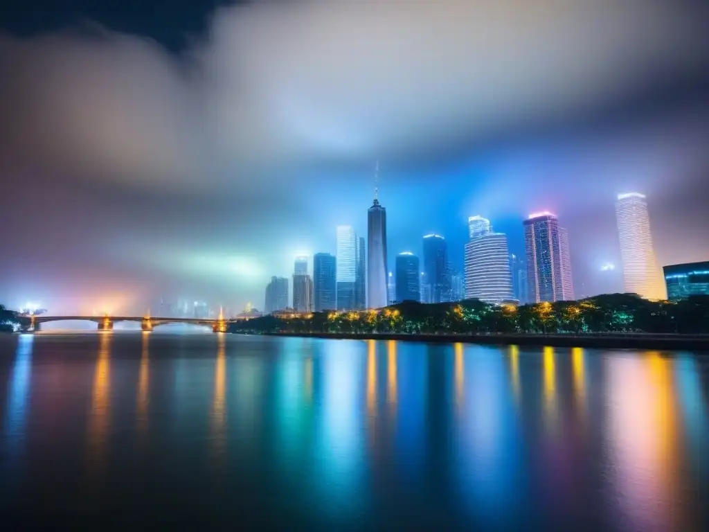 Resiliencia urbana: luces de la noche en la ciudad moderna Vista nocturna de skyline moderno iluminado con colores, reflejándose en río tranquilo