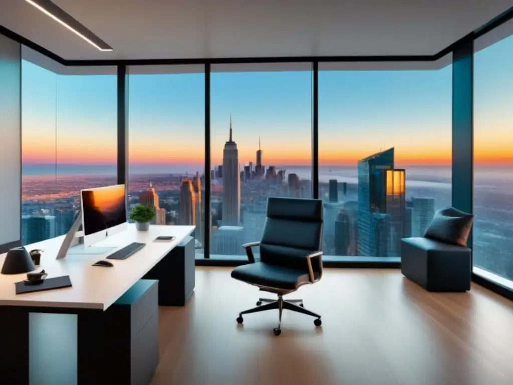 Oficina inmobiliaria moderna con vista a la ciudad en 8k Vista de oficina moderna con Email marketing para bienes raíces