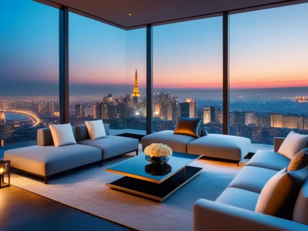 Penthouse de lujo con vista panorámica al anochecer Vista panorámica de alta gama en sala de estar penthouse con diseño moderno y lujo