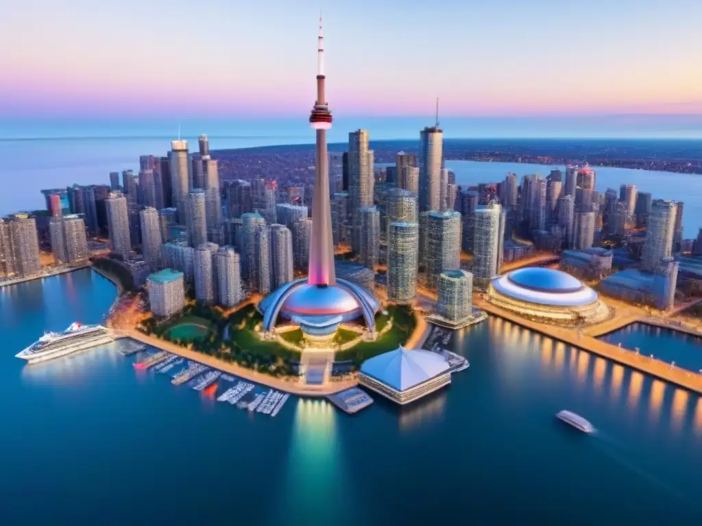 Espectacular panorama de Toronto al anochecer: CN Tower y luces de la ciudad reflejan mercado inmobiliario canadiense Vista panorámica de Toronto al atardecer con la emblemática CN Tower iluminada y luces de la ciudad