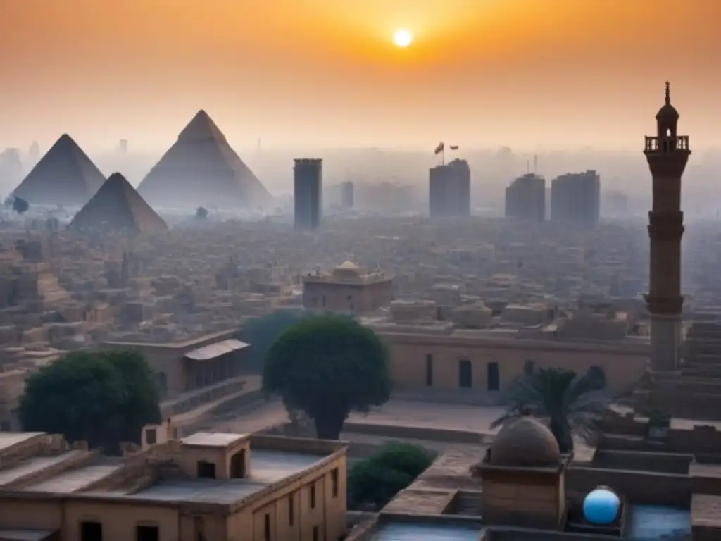 Espléndida vista de El Cairo al atardecer: tradición y modernidad Vista panorámica de El Cairo al atardecer, con la fusión de lo moderno y lo antiguo