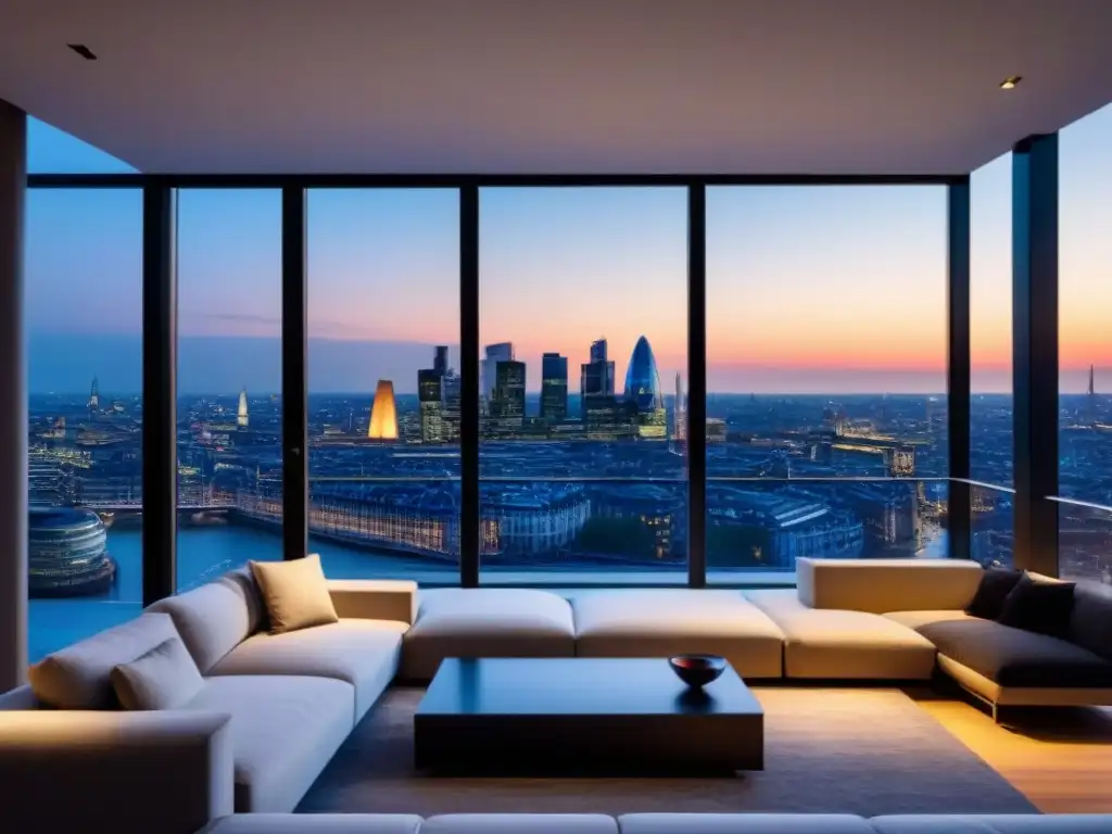 Penthouse de lujo en Londres al atardecer Vista panorámica del atardecer en Londres desde un lujoso ático moderno, influencia mercado inmobiliario postBrexit