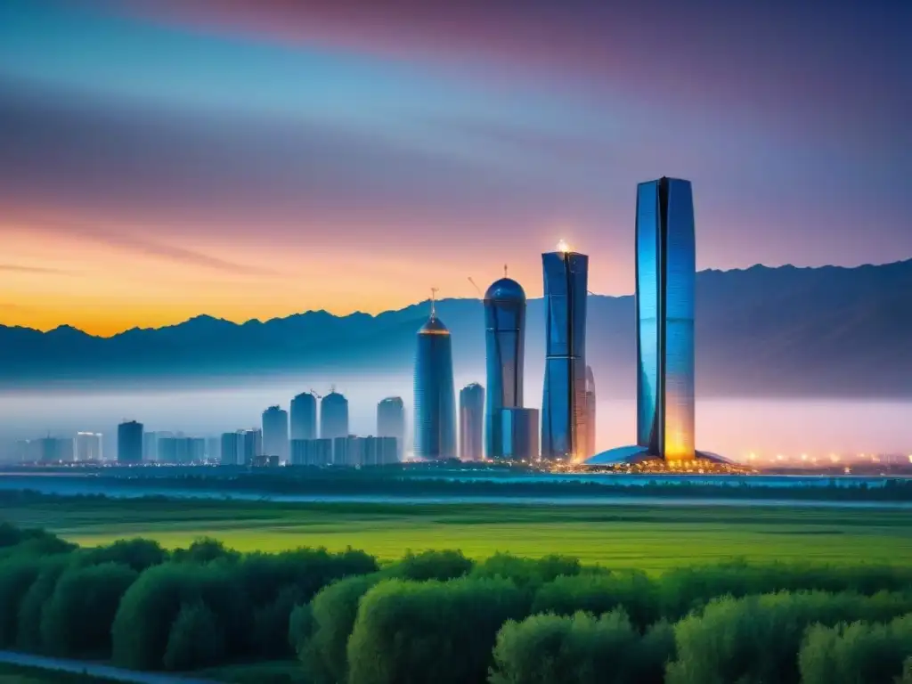 Horizonte de NurSultan al atardecer: modernidad y tradición en Kazajistán Vista panorámica de NurSultán al atardecer con la Torre Bayterek y el río Ishim, ideal para inversiones inmobiliarias en Asia Central