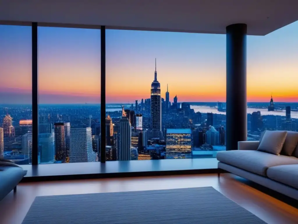 Penthouse moderno de lujo con vista panorámica al atardecer en la ciudad Vista panorámica de ático de lujo con diseño contemporáneo y tecnología avanzada, ideal para inversores internacionales en financiamiento residencial