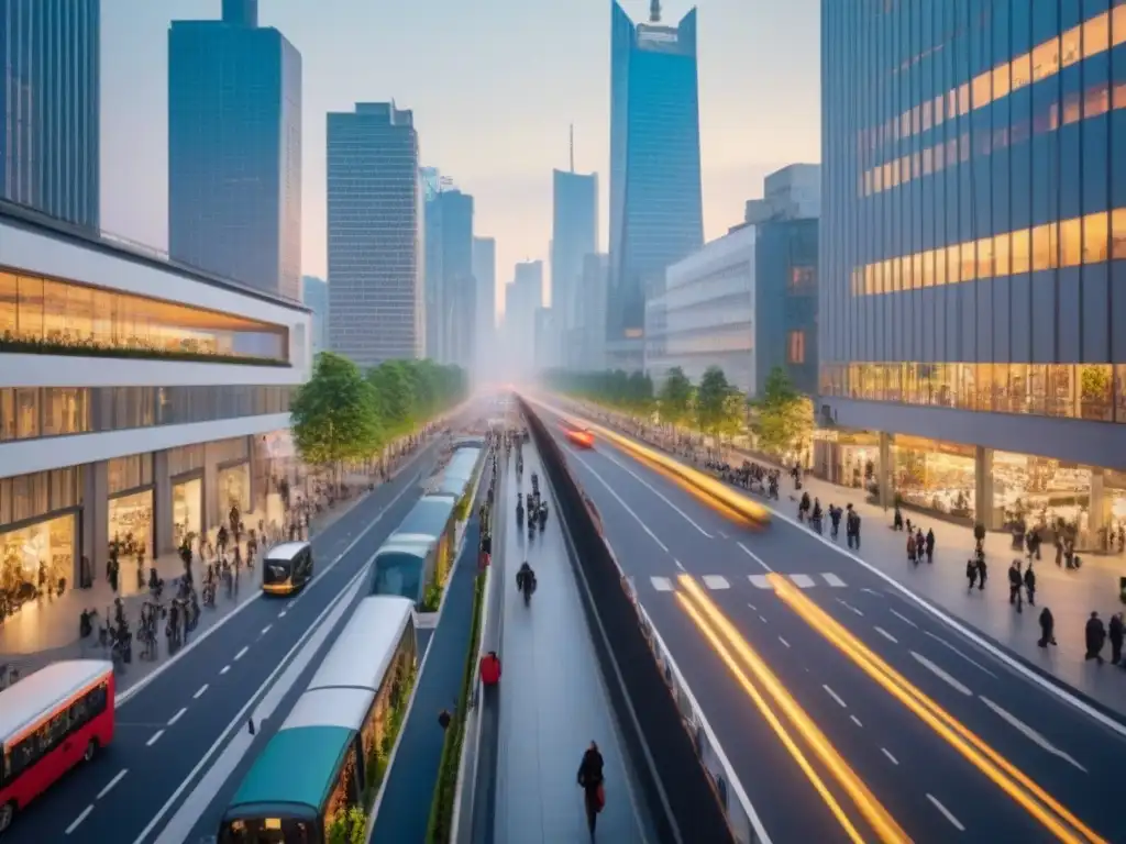 Escena urbana vibrante: armonía entre ciudad y personas Una vista panorámica de una bulliciosa calle de ciudad, con rascacielos, áreas verdes, ciclistas y gente diversa