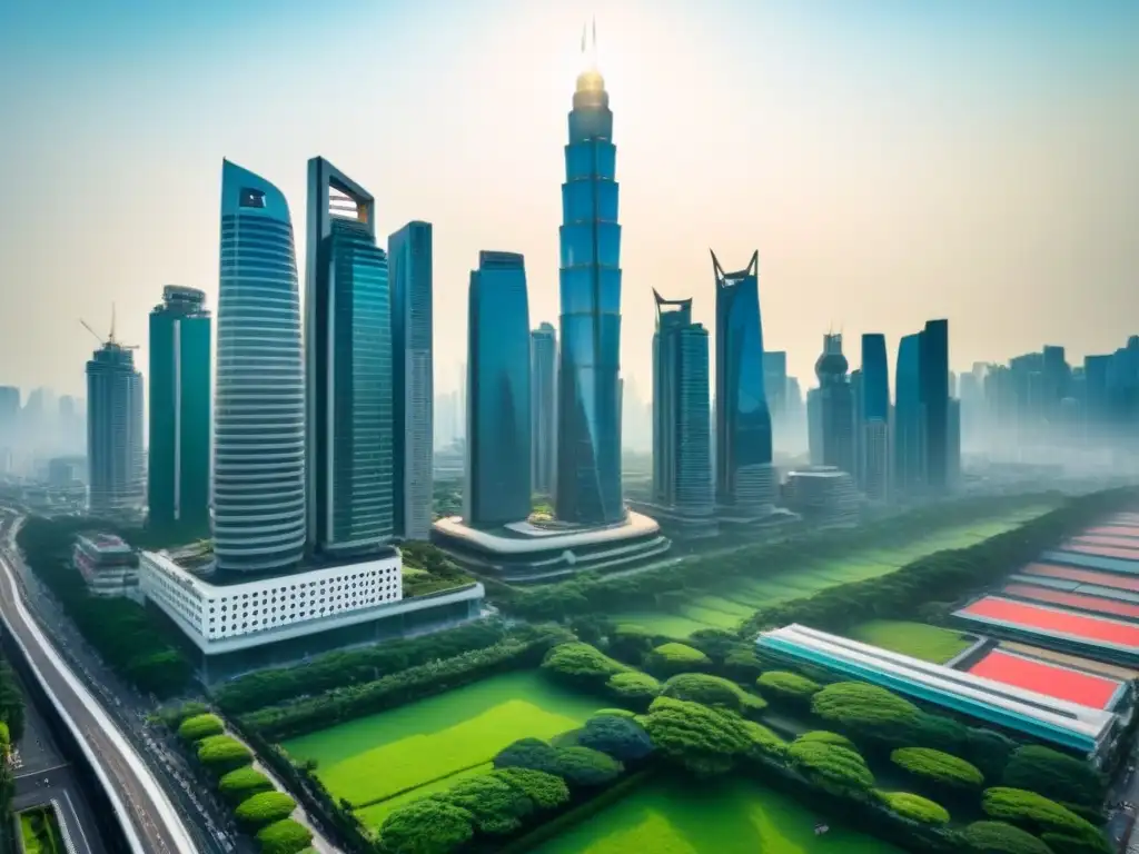 Panorama urbano de Asia: fusión de tradición y modernidad Vista panorámica de una bulliciosa ciudad en Asia, con rascacielos relucientes bajo el sol, fusionando arquitectura tradicional y moderna