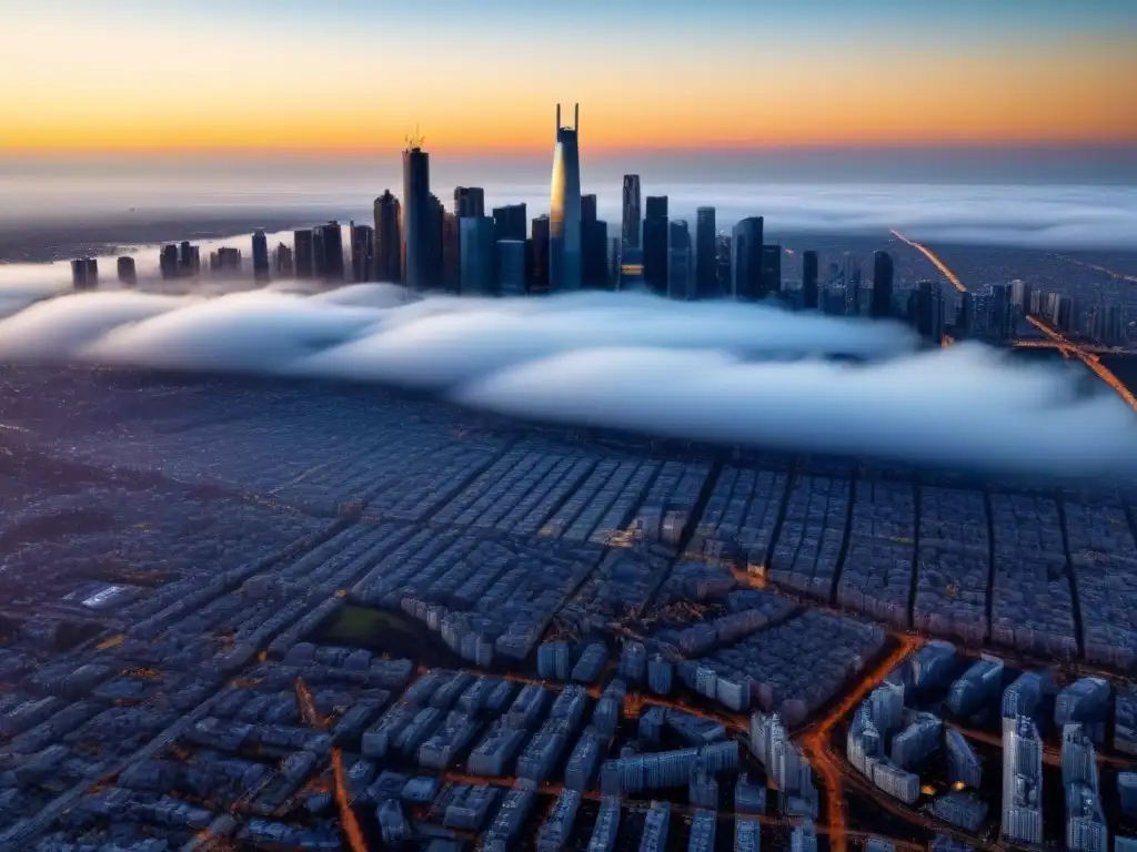 Paisaje urbano con rascacielos en la hora dorada Vista panorámica de una bulliciosa ciudad al atardecer con rascacielos proyectando largas sombras, reflejando un paisaje global dinámico en inversión inmobiliaria