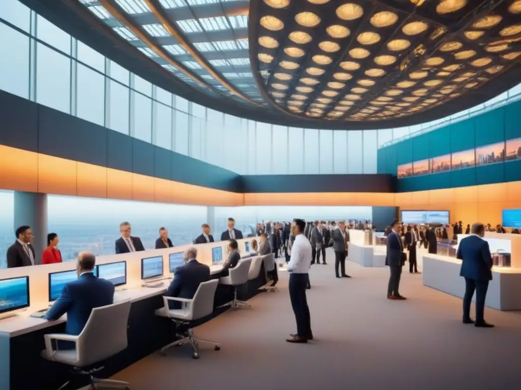 Feria Comercial Global: Innovación y Negocios Internacionales Vista panorámica de una bulliciosa feria comercial internacional, con profesionales negociando en elegantes stands futuristas