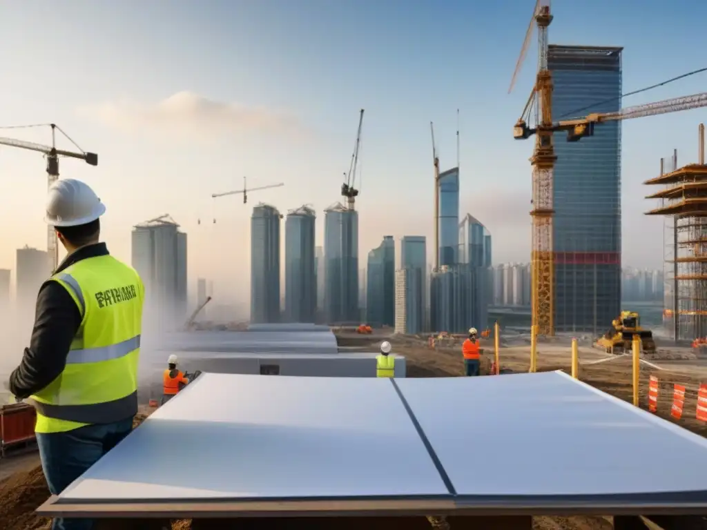 Avance seguro: construcción urbana en acción Vista panorámica de un bullicioso sitio de construcción en el horizonte de la ciudad, destacando normativas de seguridad en construcción