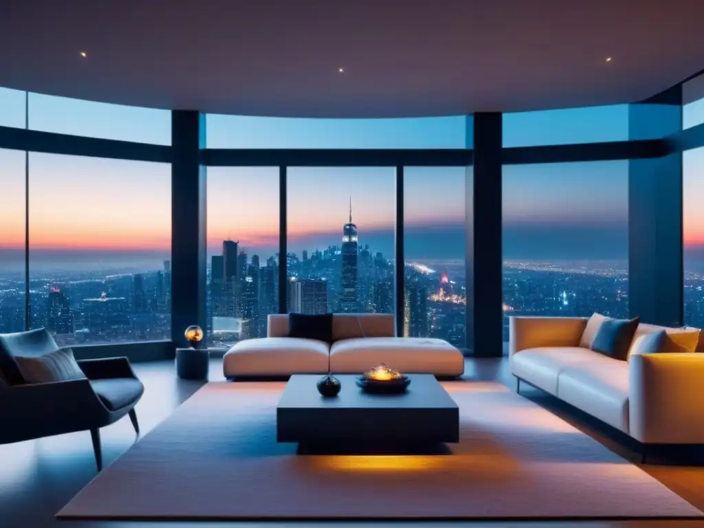 Smart home futurista: lujo y tecnología en un escenario urbano al atardecer Vista panorámica de una casa inteligente de lujo con tecnología avanzada en un entorno urbano al atardecer