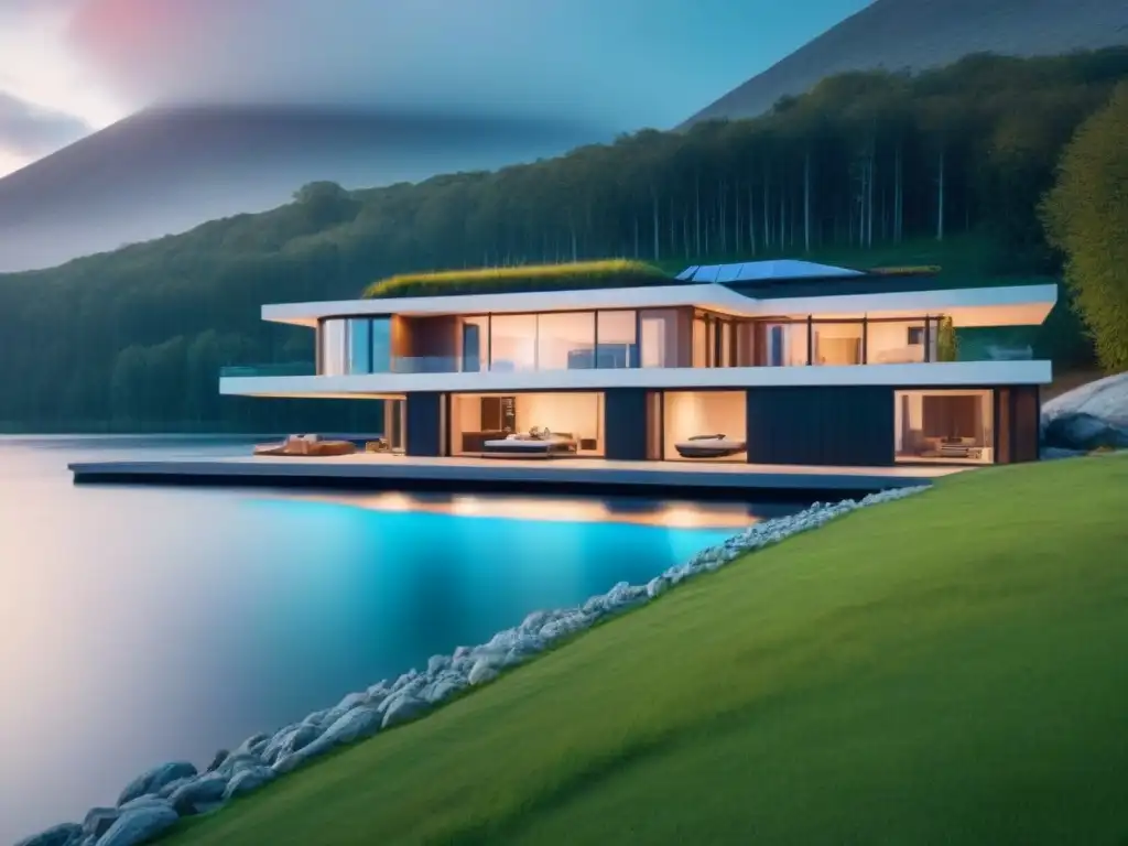 Hogar inteligente del futuro en lago tranquilo: 8k Vista panorámica de casa inteligente futurista con tecnología en mercado inmobiliario internacional