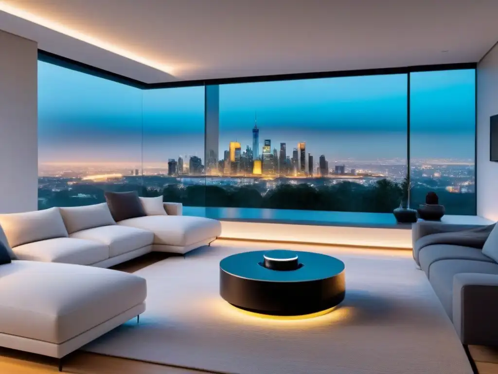 Smart home futurista con tecnología de vanguardia y diseño minimalista Vista panorámica de una casa inteligente futurista con tecnología de vanguardia y decoración minimalista